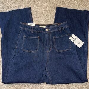Women's Dark Blue Wide Leg Jeans with Raw Hem